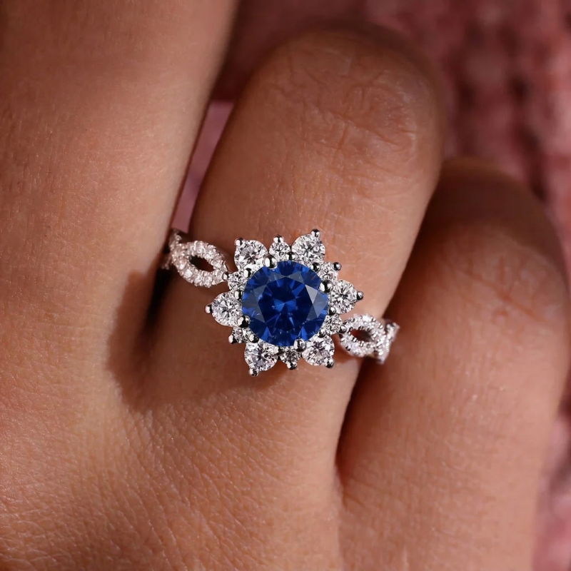 Ring Kristallblume mit Saphir | Weissgold