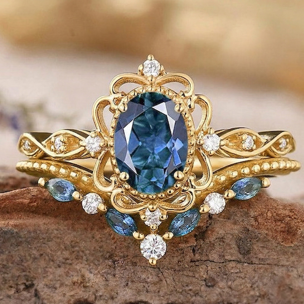 Ringset Azelia Krone mit Saphir | Gold