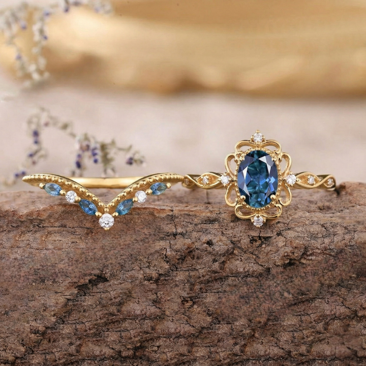 Ringset Azelia Krone mit Saphir | Gold