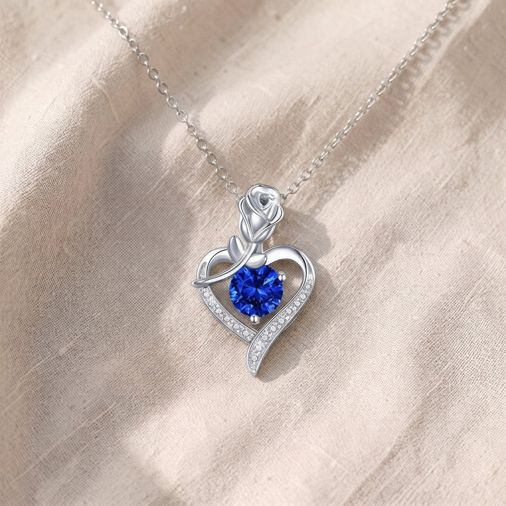 Halskette Rosenherz mit Saphir | Weissgold