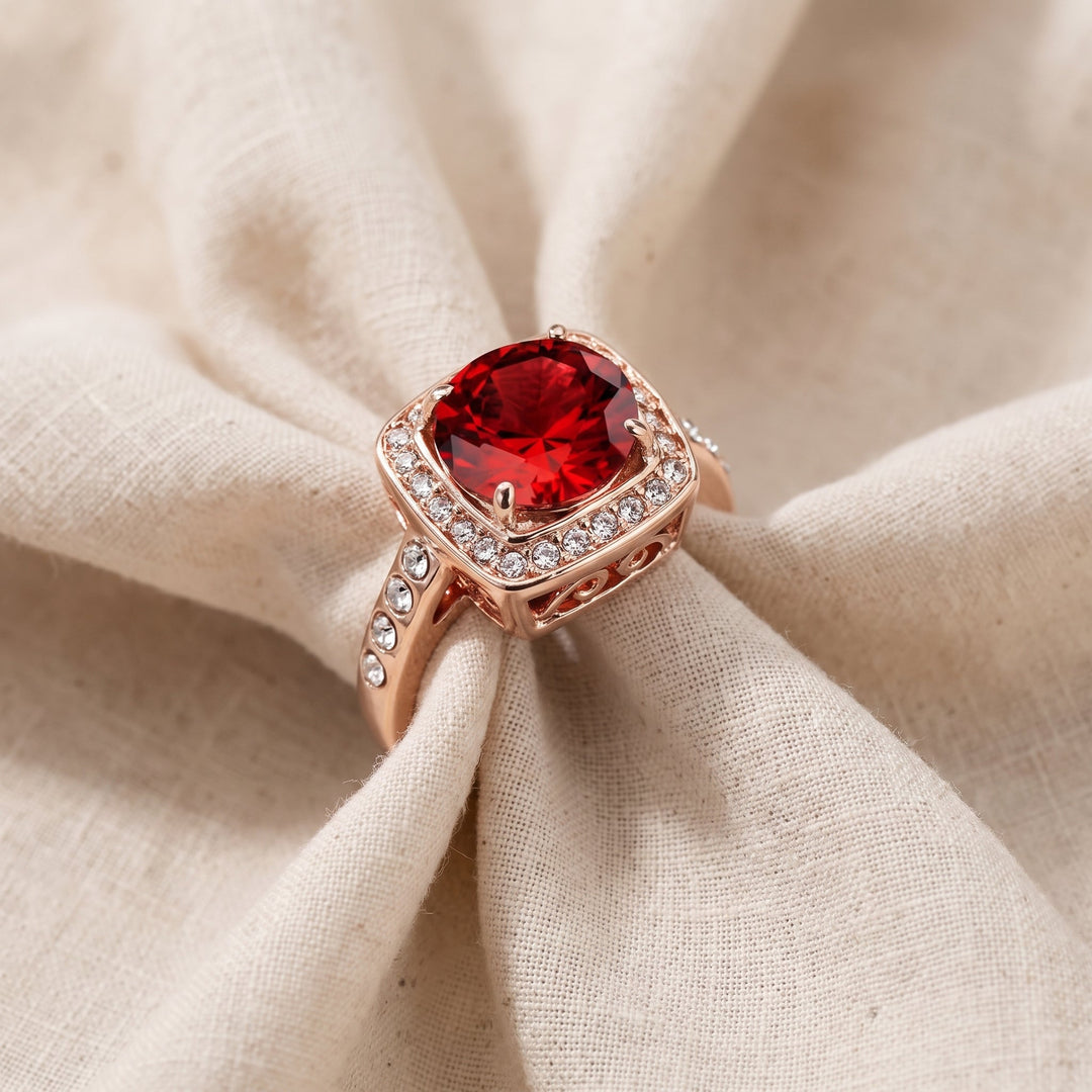 Auffälliger Halo-Ring mit Rubin | Roségold