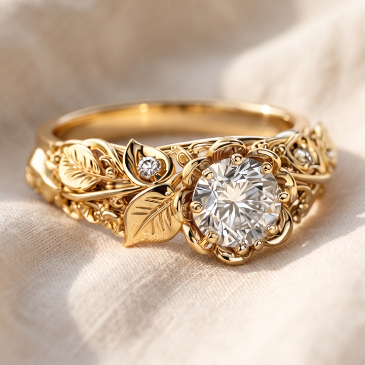 Goldring Blatt mit Zirkonia