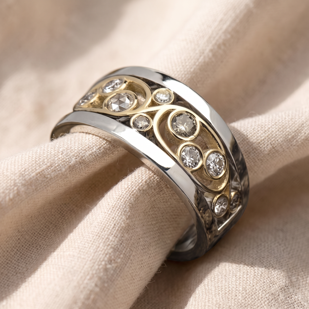 Vintage-Ring Efeu in Gold und Silber mit Zirkonia