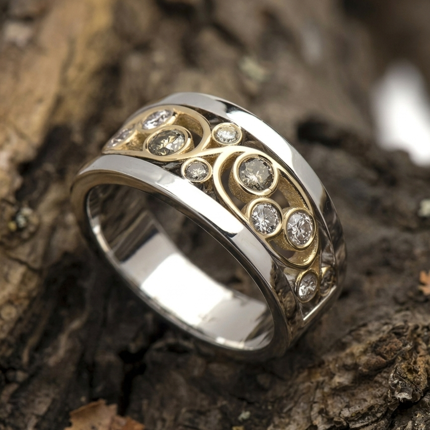 Vintage-Ring Efeu in Gold und Silber mit Zirkonia