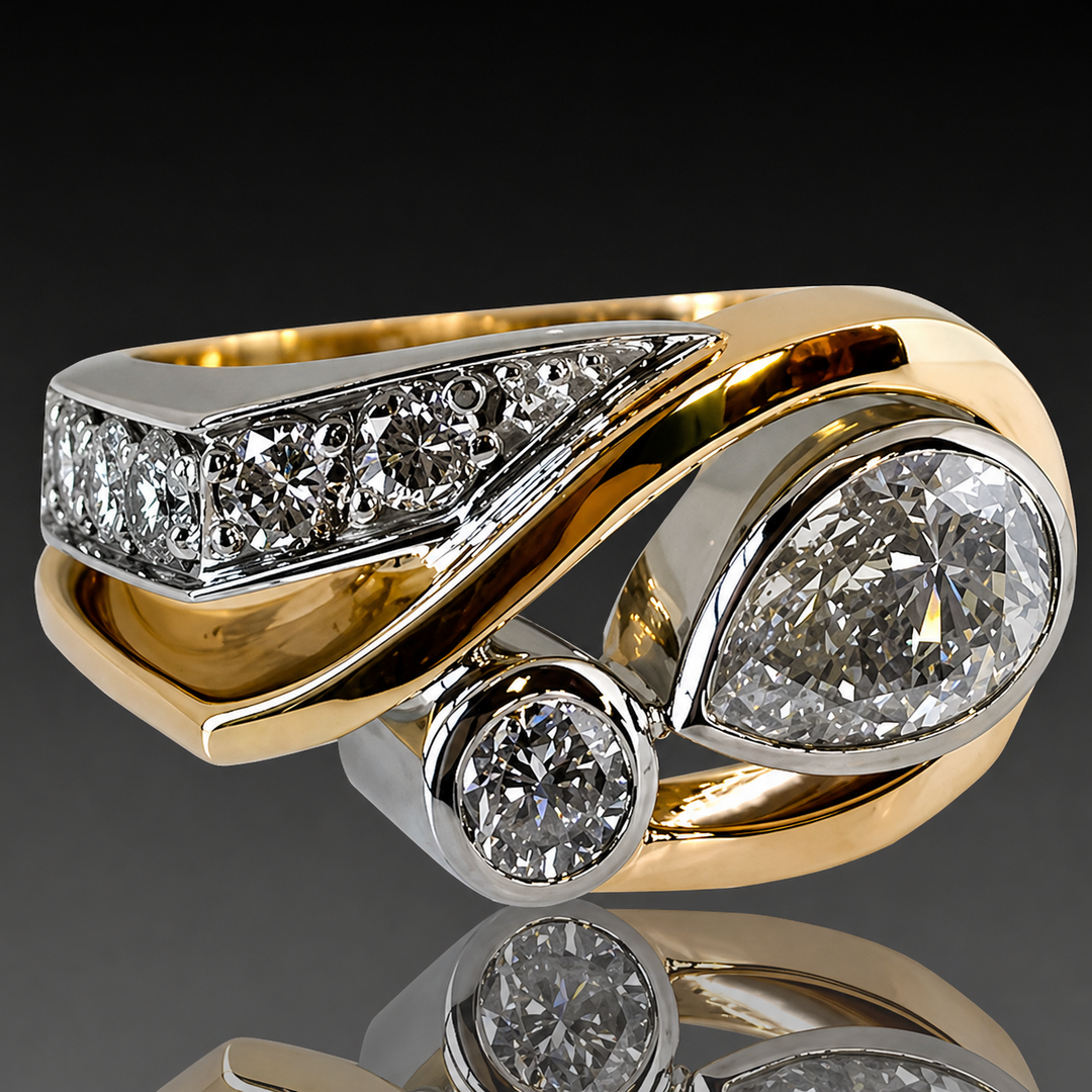 Unregelmässiger Vintage-Ring in Gold und Silber mit Zirkonia