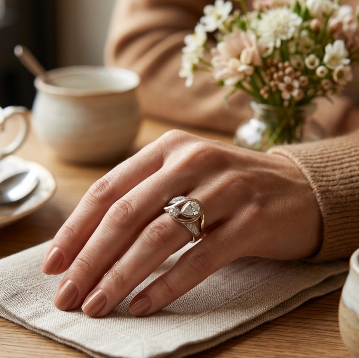Unregelmässiger Vintage-Ring in Gold und Silber mit Zirkonia