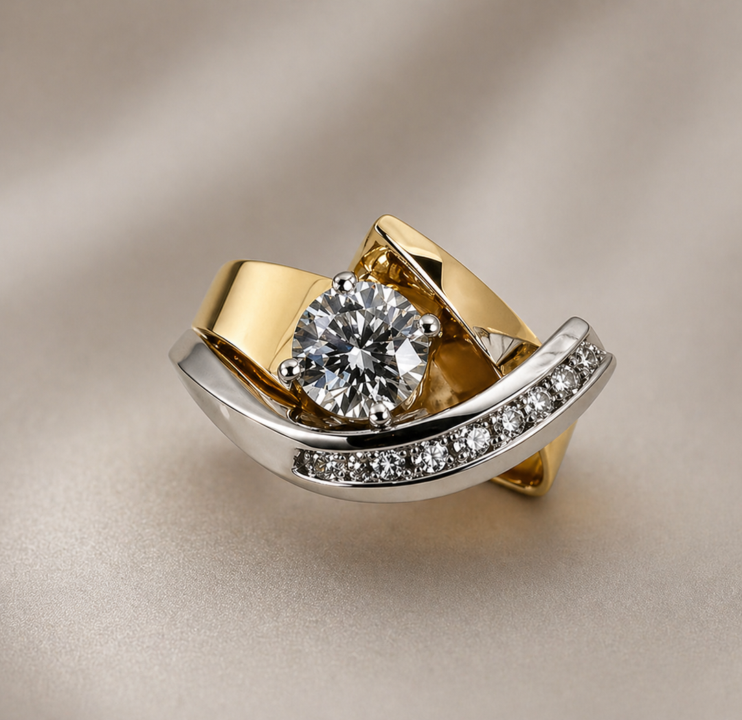 Unregelmässiger Vintage-Ring in Gold und Silber mit Zirkonia