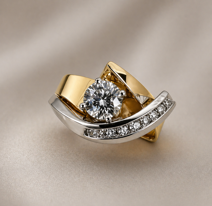 Unregelmässiger Vintage-Ring in Gold und Silber mit Zirkonia