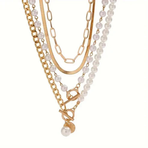 Vintage-Halsketten-Set mit Perlen und goldener Schlangenkette | Gold