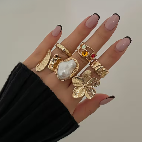 Set mit 6 goldenen Ringen mit Barockperlen